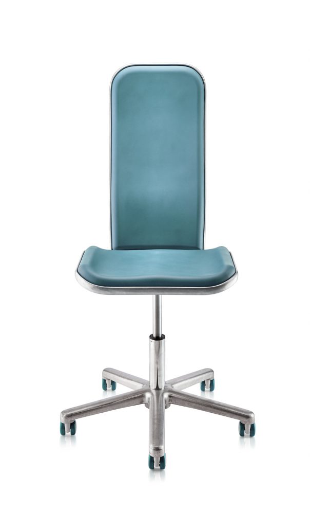 Turquoise – High Back Chair – No Arms – Black castors. Face On.